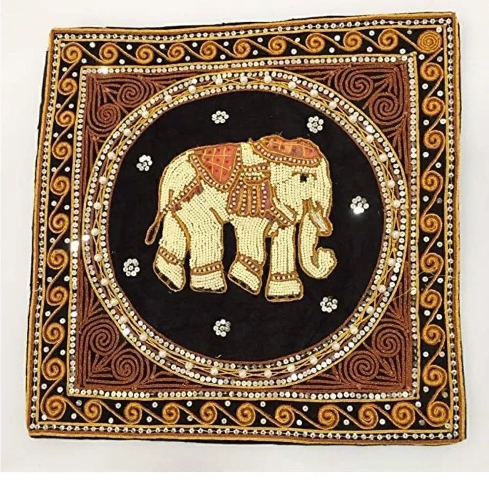 Pillow case Cover Thai Burmese Embroidered Elephant Vintage Bead Sequin (Black)